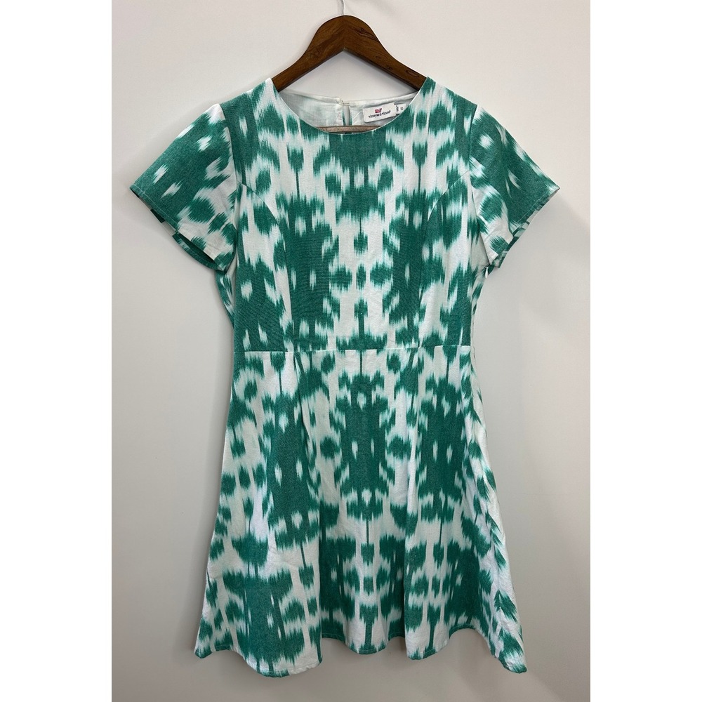 Vineyard Vines Green White Ikat Print Fit & Flare Short Sleeve Dress Size 10 - Picture 2 of 13